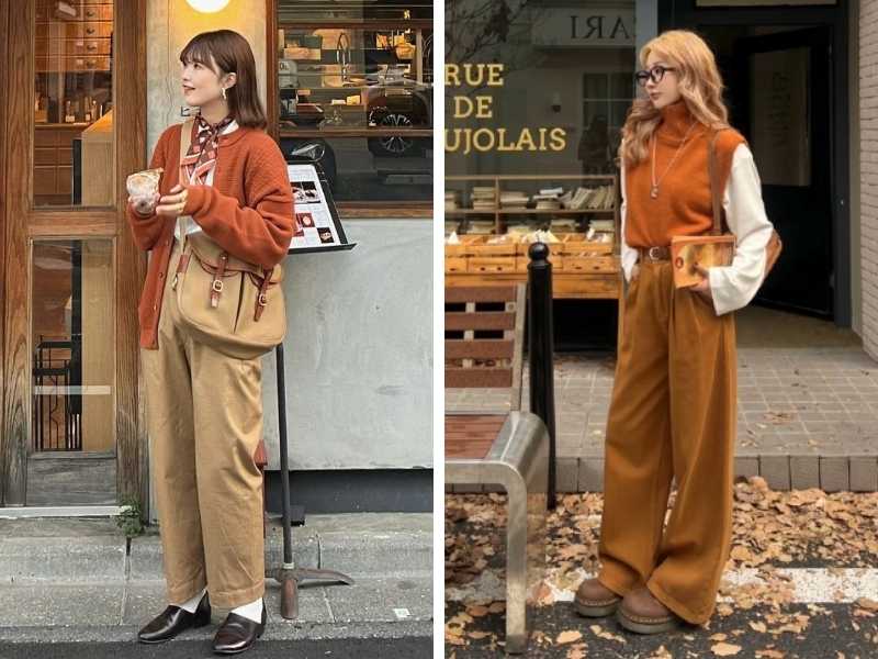 Quần nâu phối với áo màu cam đất