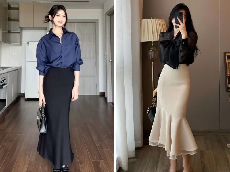 áo sơ mi lụa với chân váy dài