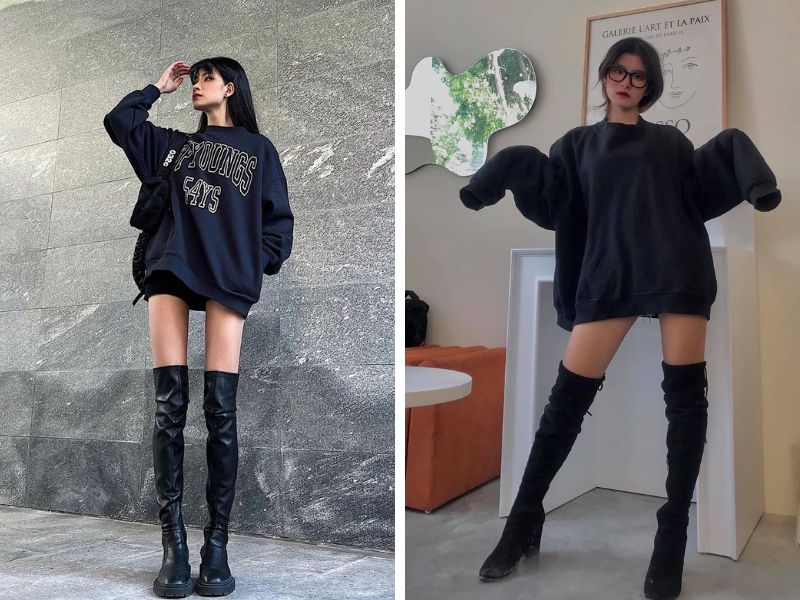 áo hoodie với quần short và boot cao quá gối