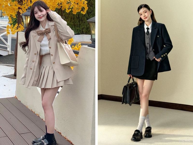 áo sơ mi trắng cà vạt và áo blazer cùng chân váy