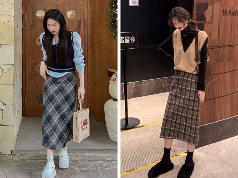 Cách phối áo gile với chân váy caro