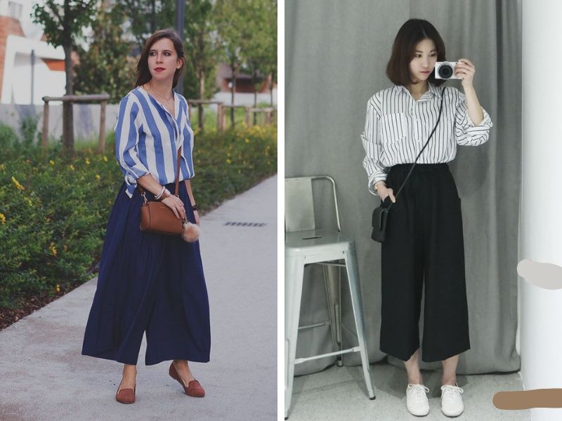 áo sơ mi kẻ sọc quần culottes