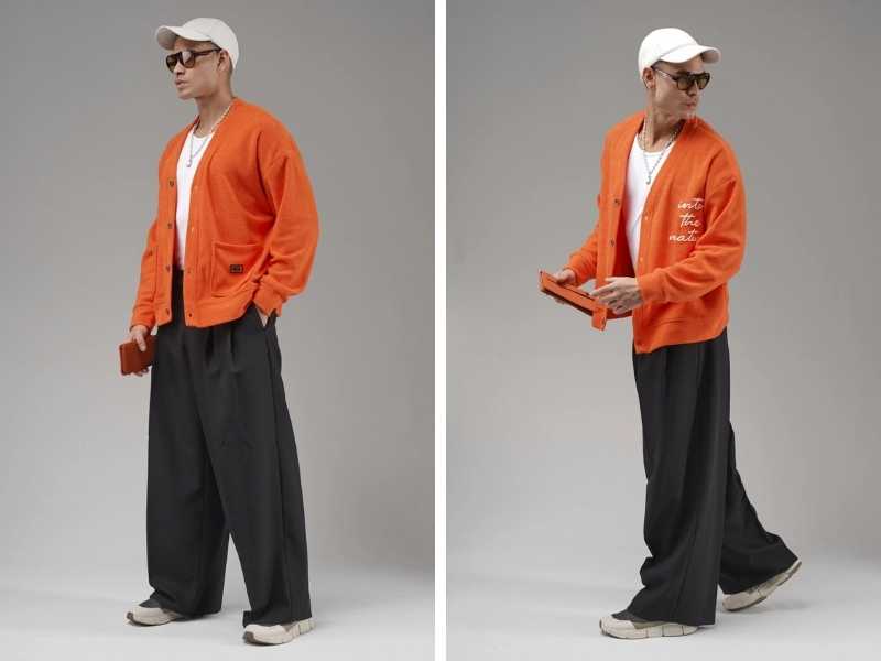Quần tây nam màu đen phối với cardigan cam