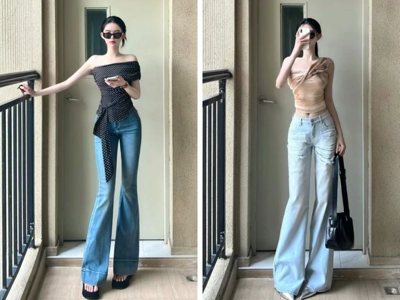 Quần bò loe nữ mặc với áo lệch vai