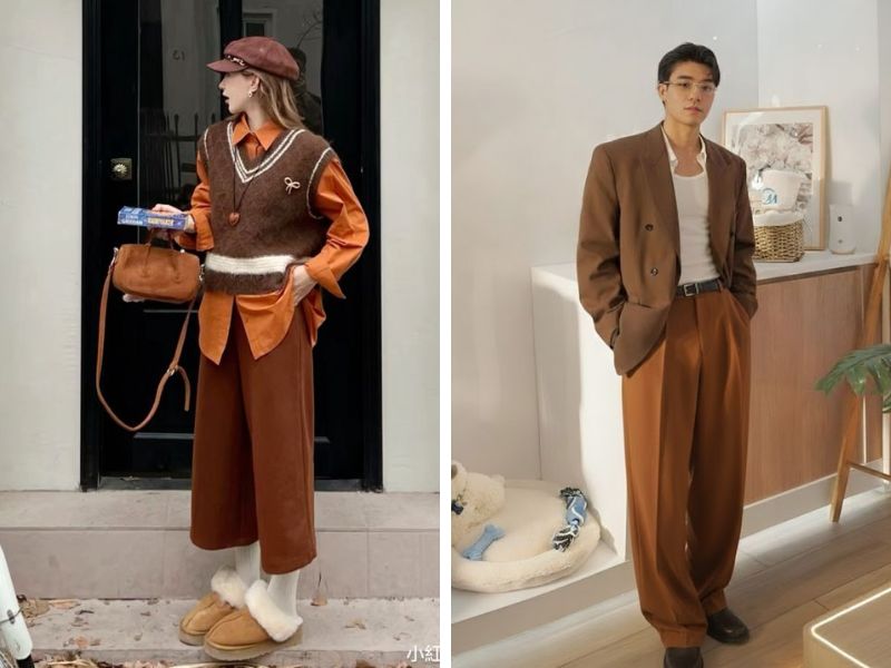áo nâu phối quần cam đất