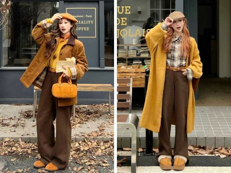 Phối outfit nữ màu vàng chanh với màu nâu