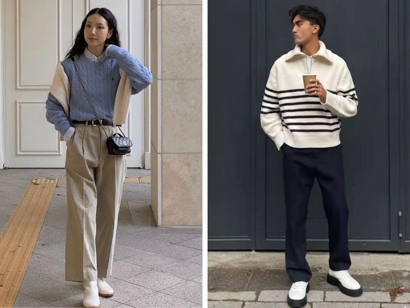 áo len và quần âu ống suông với boot trắng thấp cổ