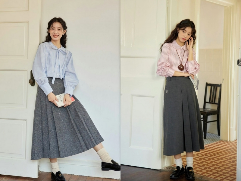 Áo sơ mi phối chân váy xếp ly thanh lịch