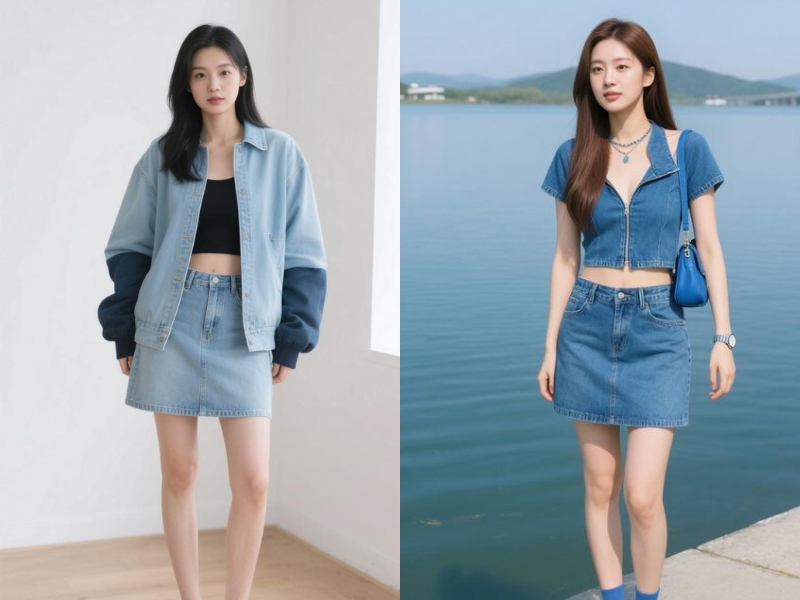 full set jeans với áo khoác denim phối cùng tanktop đen và chân váy jean chữ A