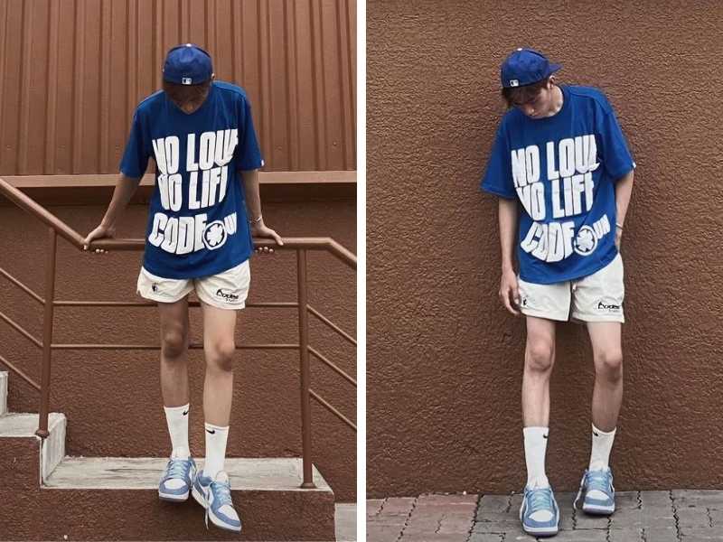 Phối quần short nam trắng với áo thun xanh dương