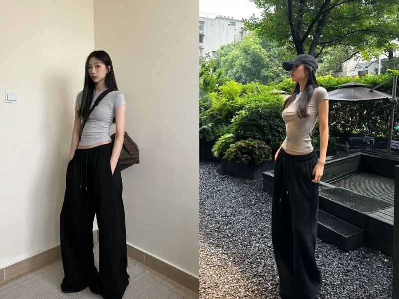 Phối đồ với quần suông đen cùng áo croptop