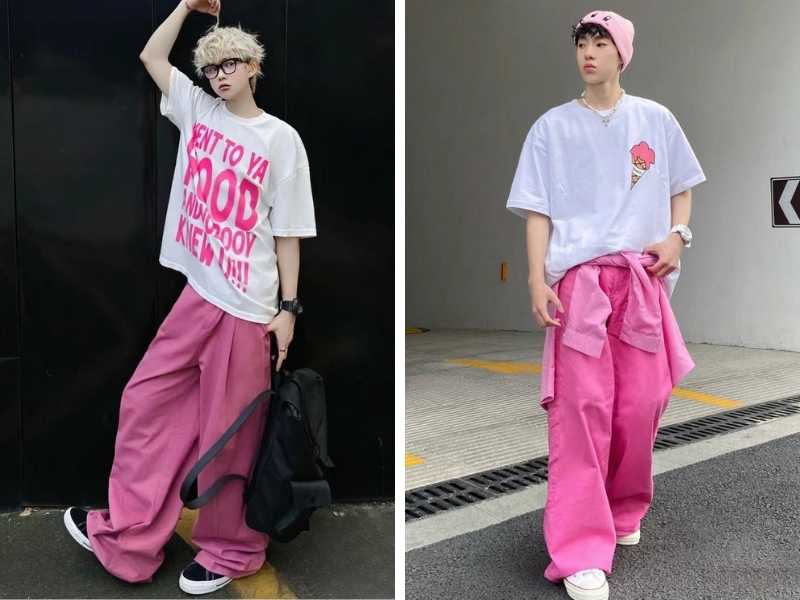 Phối quần baggy màu hồng với áo thun trắng