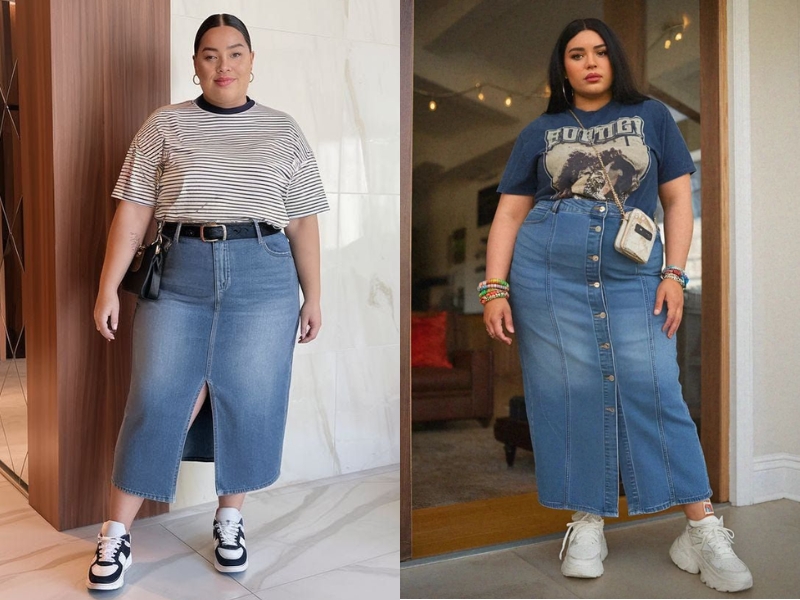 Áo thun phối váy jeans