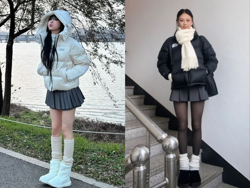 Áo phao dáng lửng phối váy nữ tính