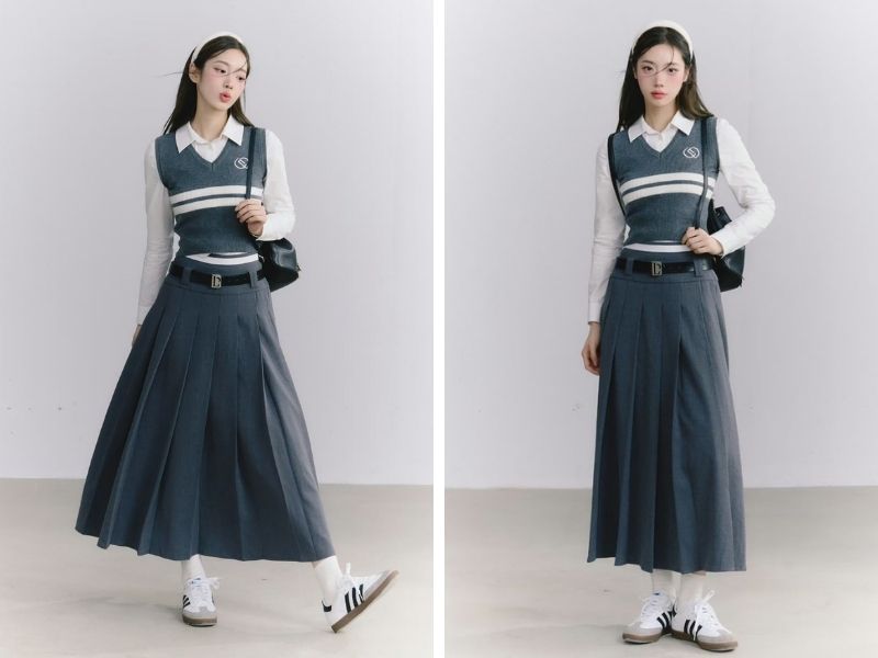 Cách phối áo len gile với chân váy xếp ly