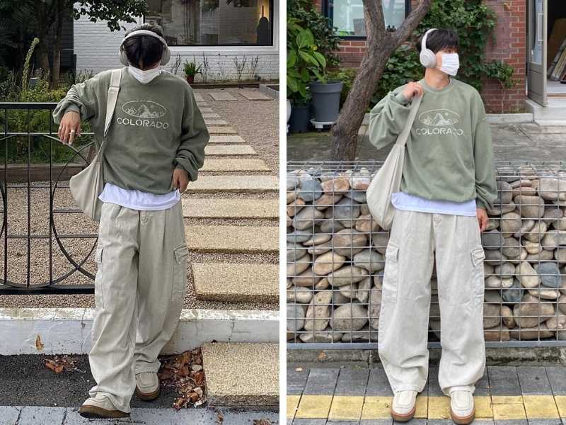 Phối quần baggy xám với sweater nam xanh bơ