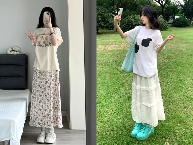 Áo thun basic phối chân váy hoa nhí 