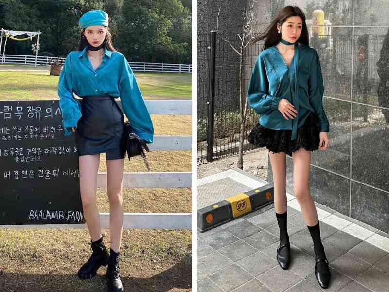 phối đồ màu xanh lơ và đen cho nữ