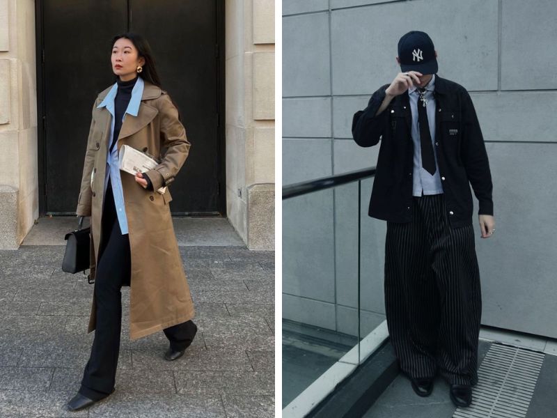 áo xanh da trời quần đen với trench coat hoặc jacket