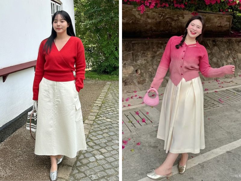 cách phối chân váy chữ a cho người mập áo cổ V với chân váy chữ a