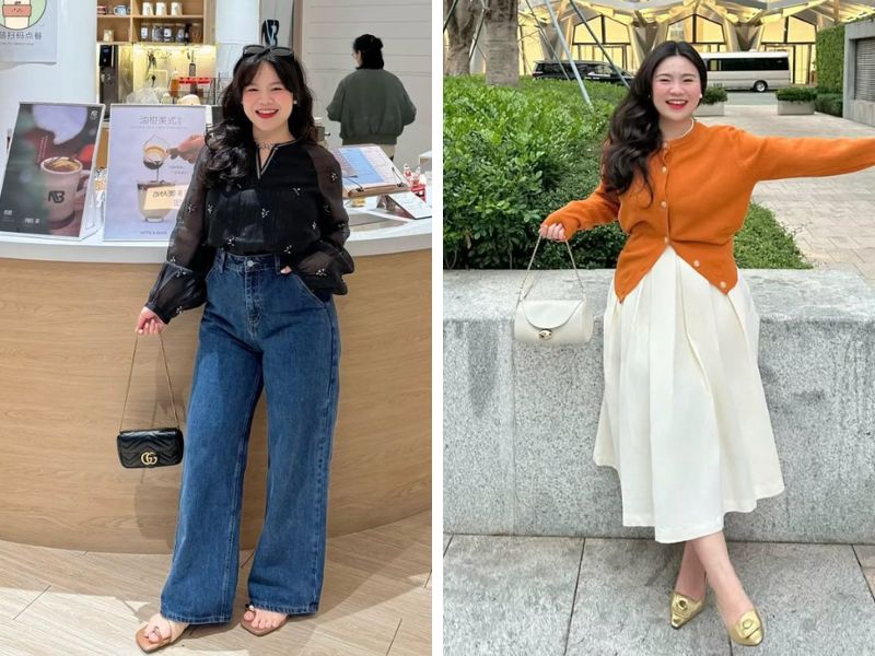 phối đồ nữ mập quần jean ống loe áo sơ mi tay bồng hoặc chân váy xòe dài