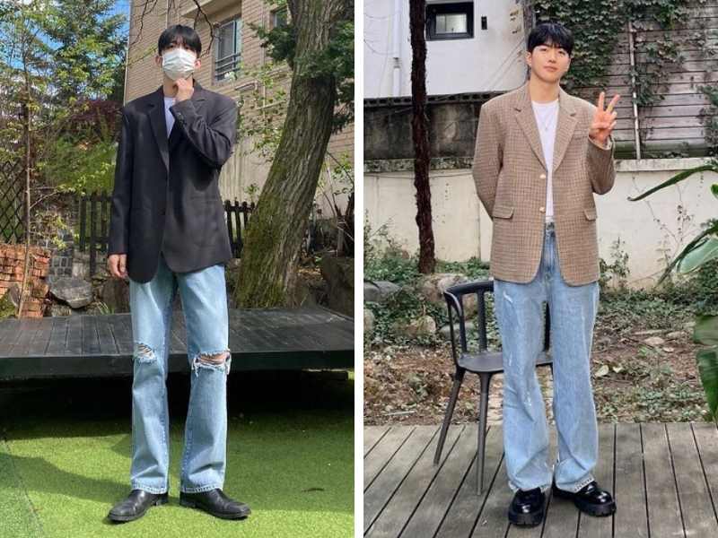 Quần jean ống rộng mix cùng áo blazer