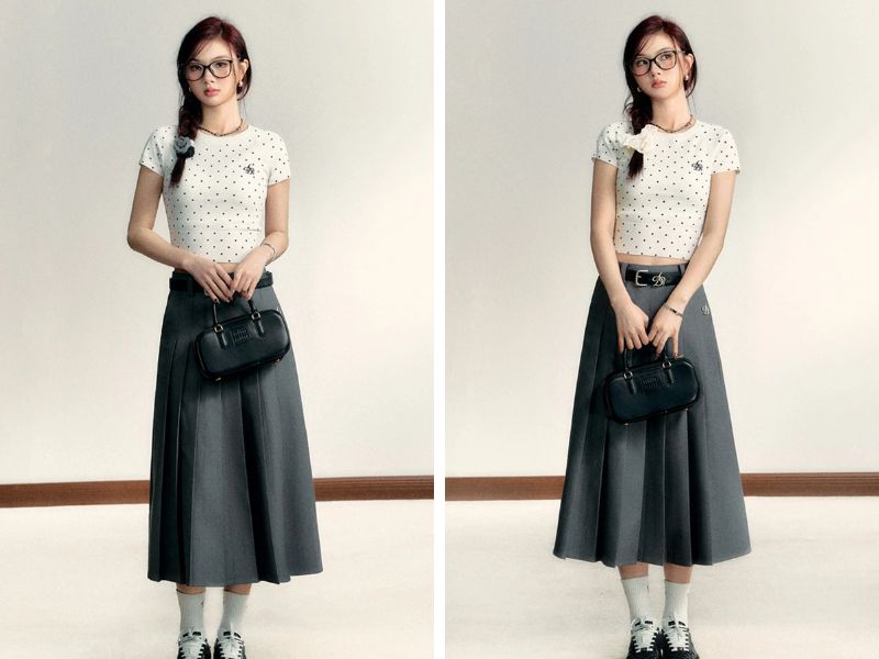 Cách phối chân váy suông dài với áo thun croptop