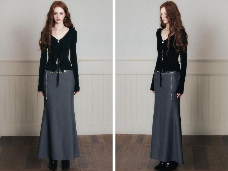 Cách mix chân váy suông dài với áo len