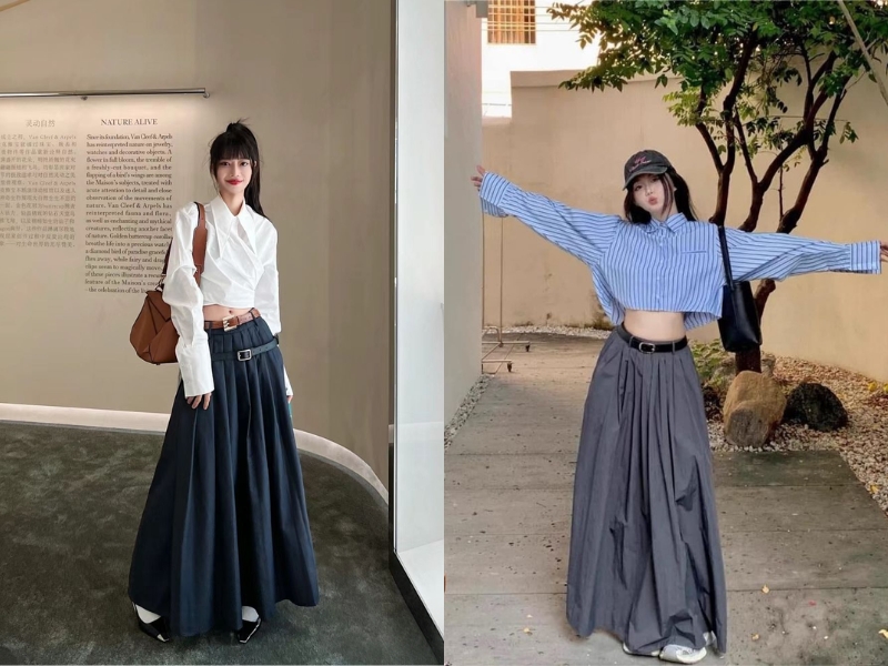 Chân váy chữ A dài phối áo sơ mi croptop
