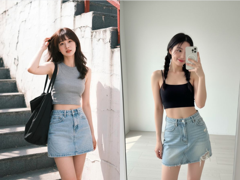 tanktop phối cùng chân váy jean chữ A dáng ngắn