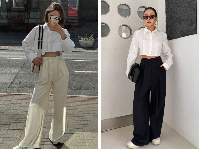 áo sơ mi croptop và quần ống đứng thêm túi xách