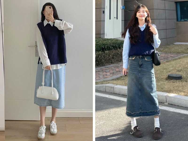 Cách phối áo len gile với chân váy jean