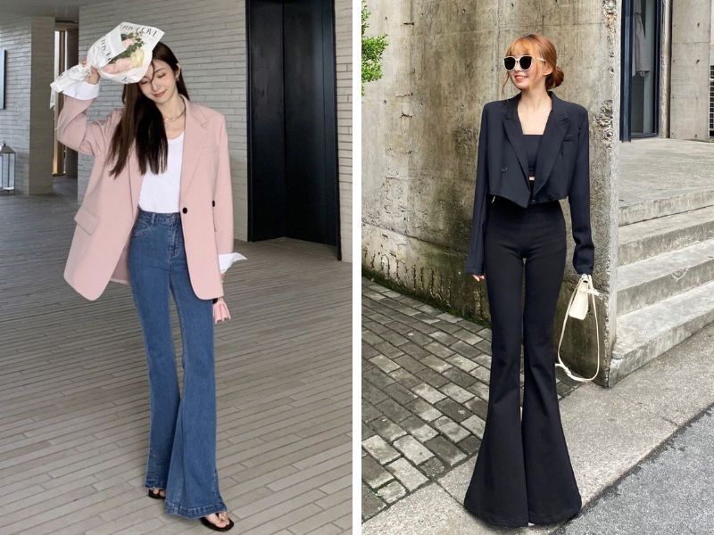 áo blazer và áo ba lỗ cùng quần ống loe