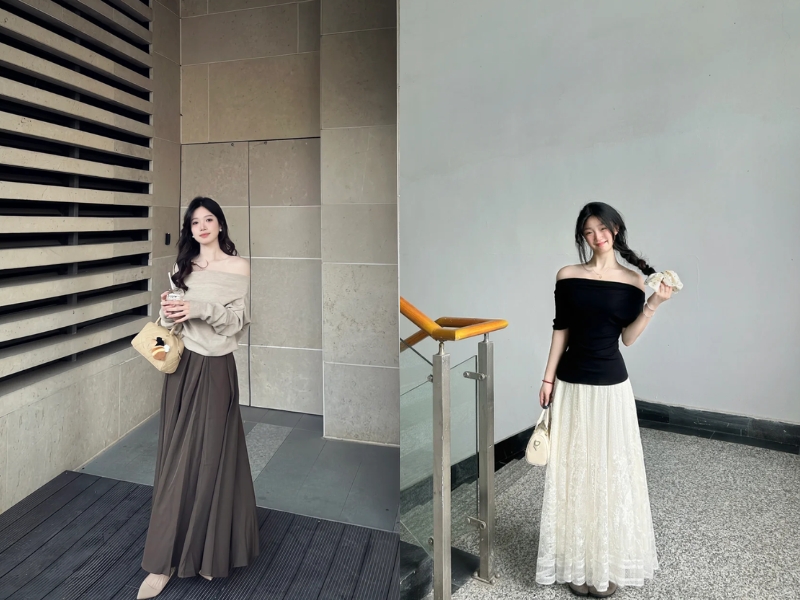 Chân váy chữ A dài mix áo trễ vai nữ tính
