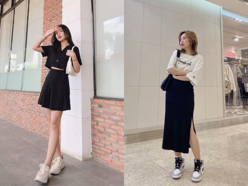 Chân váy chữ A phối với giày sneaker