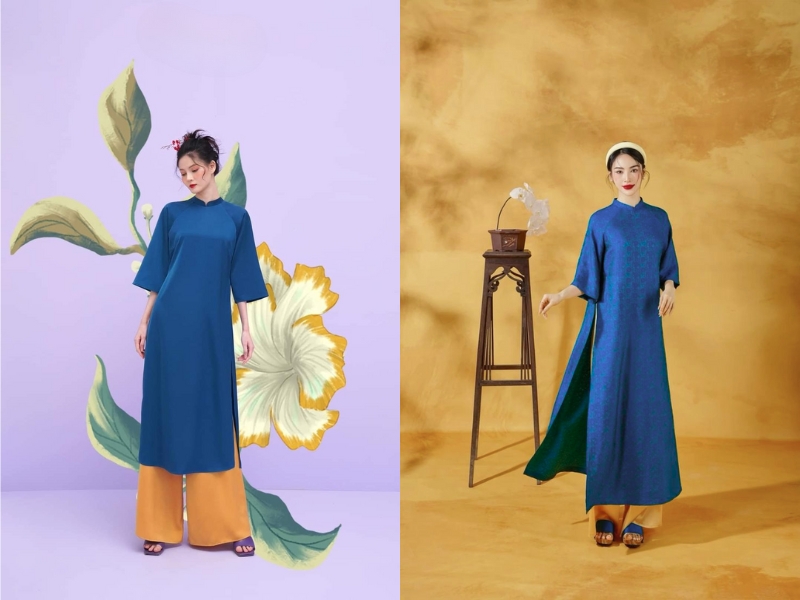 nữ mặc áo dài màu xanh dương đậm