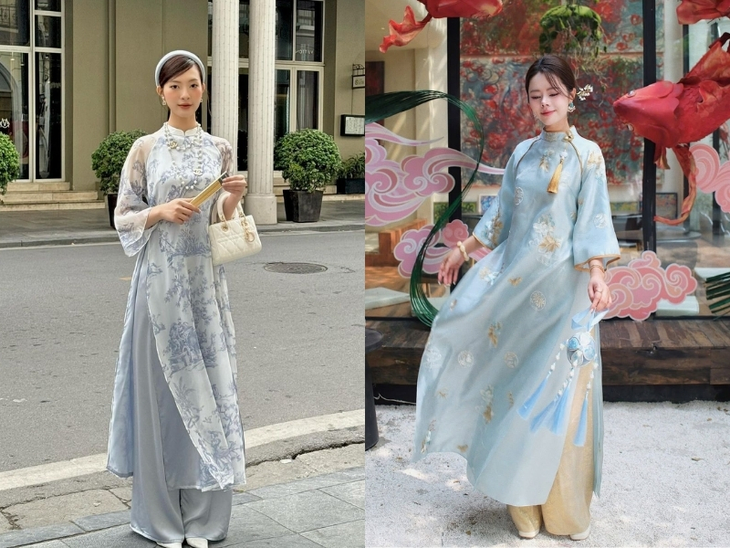 Áo dài xanh biển nhạt dáng cổ kín, cổ tròn