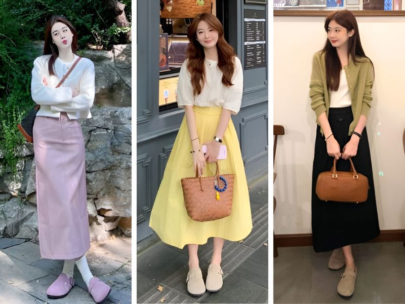 Phối chân váy dài và dép mules