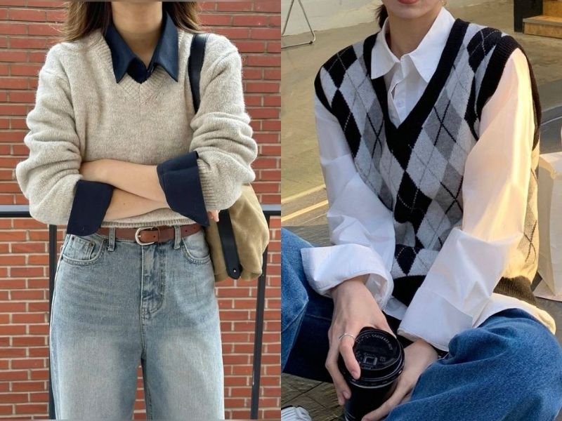 Set đồ áo gile với quần jean