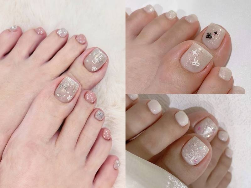 Mẫu nail chân Tết đính kim tuyến