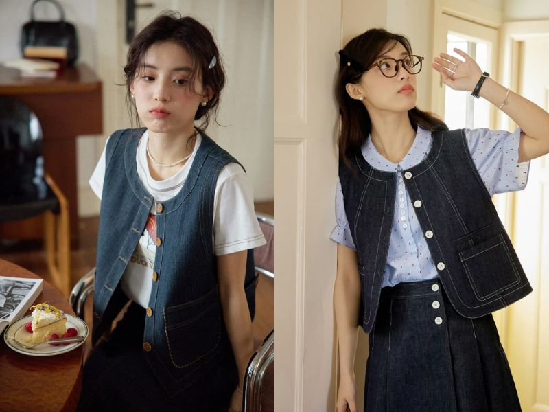 Phối áo gile denim cùng áo thun