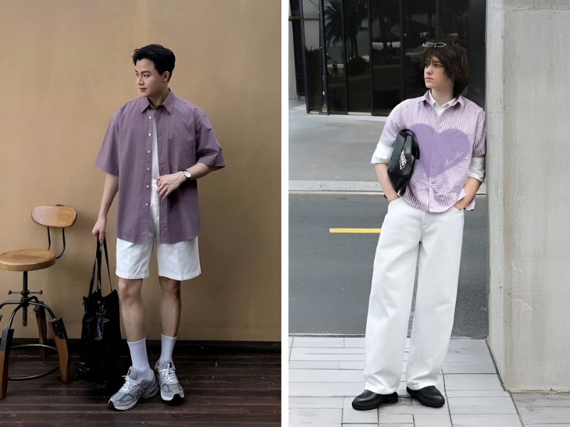 Phối áo tím và quần trắng cho nam