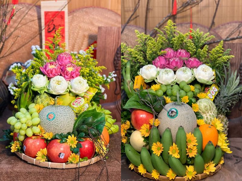 mâm ngũ quả trên mẹt tre đan