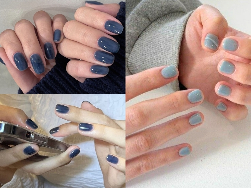 Nail xanh dương trơn tối giản