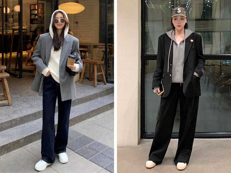 Phối áo blazer với quần ống rộng và hoodie nữ