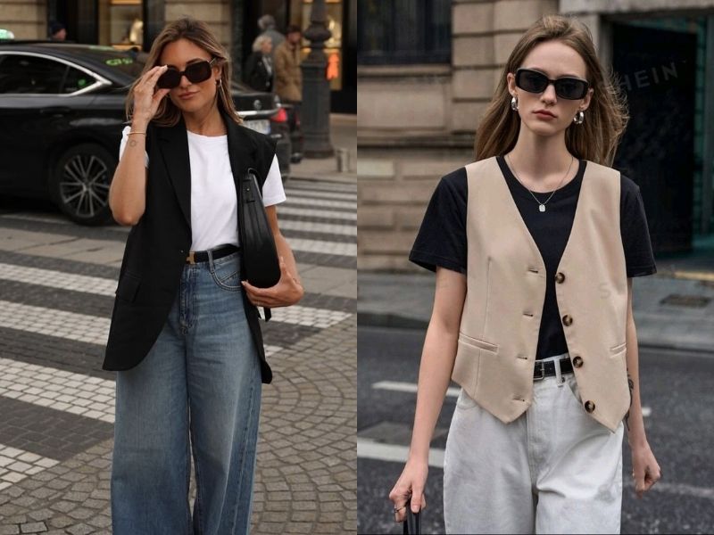 Áo gile dáng vest kết hợp quần jean