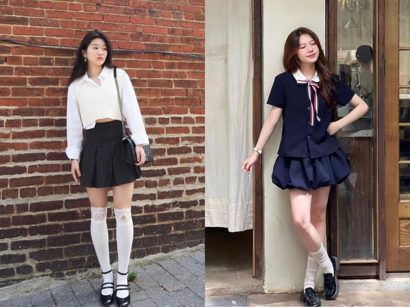 Chân váy xòe đen kết hợp với áo sơ mi