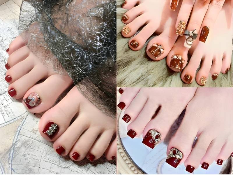 Mẫu móng chân đón Tết đính charm cầu kỳ