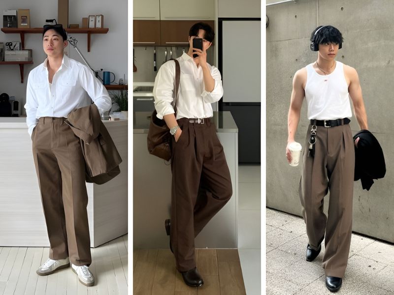 Phối áo trắng và quần màu nâu