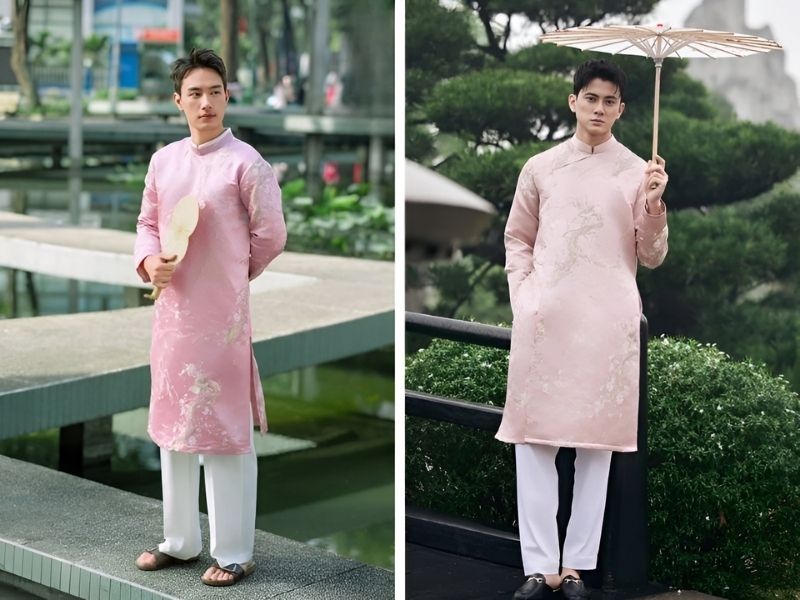 Phối áo dài màu hồng cho nam mệnh Hỏa 